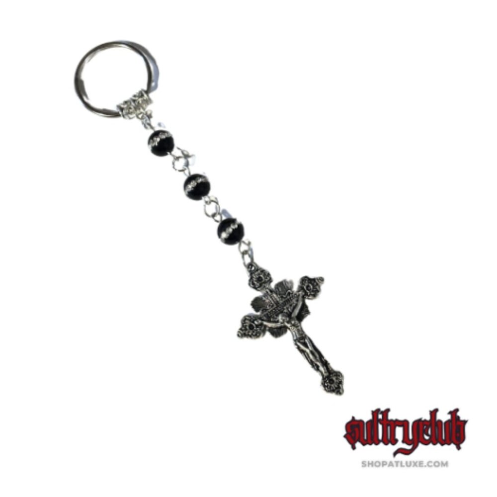 Gothic Pewter Crucifix And Onyx Beaded Keychain